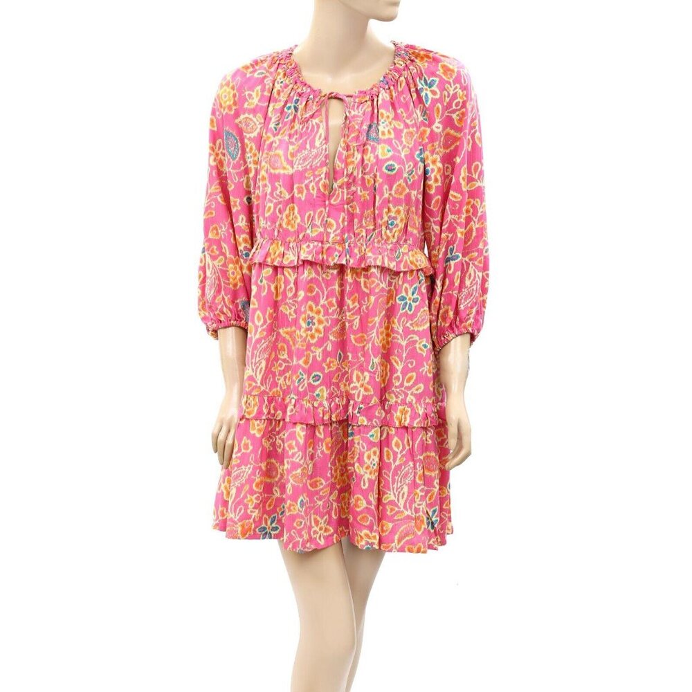 House Of Harlow 1960 Floral Printed Metallic Mini Dress Ruffle Tiered L 262281